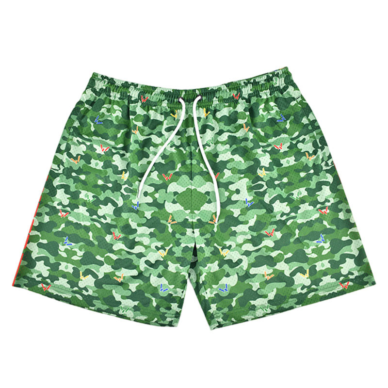 Green Camouflage And Rainbow Side Strip Mesh Shorts