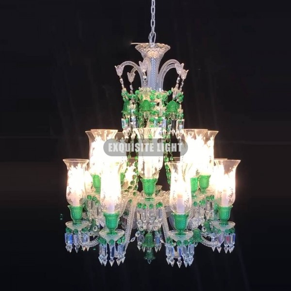 Baccarat Inspired Lustre Clear & Green Baccarat Crystal Lighting Chandelier